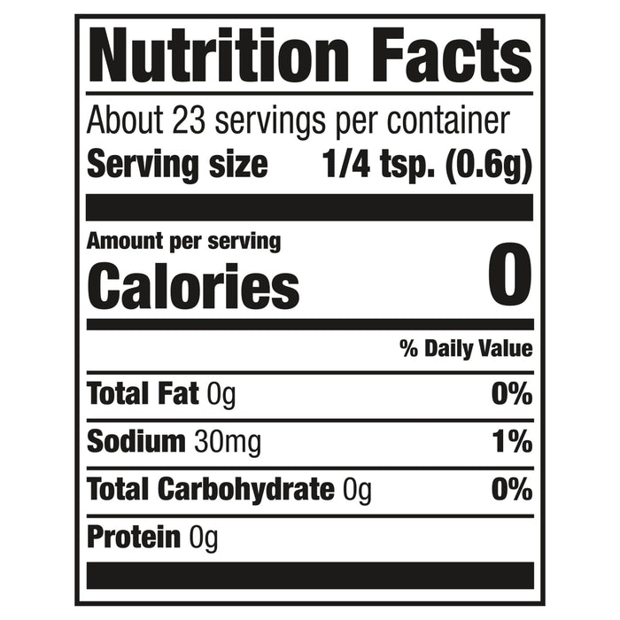 ['Nutrition facts label for a product with 0 calories per serving.']