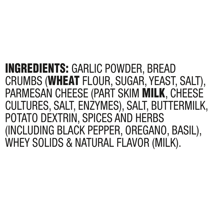 ['A list of ingredients for a product, including garlic powder, bread crumbs, parmesan cheese, and more.']