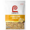 ["A Lawry's Lemon Pepper Poultry Seasoning Blend package with a close-up of the seasoning and lemon slices."]