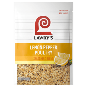["A Lawry's Lemon Pepper Poultry Seasoning Blend package with a close-up of the seasoning and lemon slices."]