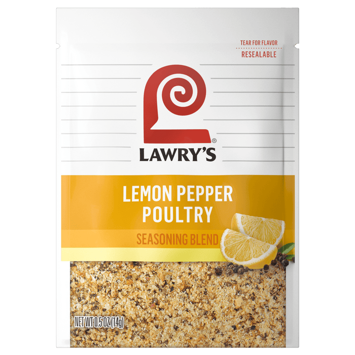 ["A Lawry's Lemon Pepper Poultry Seasoning Blend package with a close-up of the seasoning and lemon slices."]