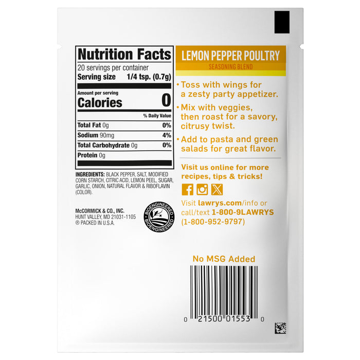 ["Lawry's Lemon Pepper Poultry Seasoning Blend nutrition facts and usage instructions."]