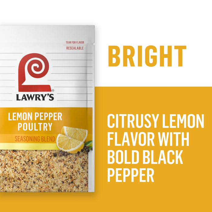 ["A package of Lawry's Lemon Pepper Poultry Seasoning Blend with a lemon wedge and black peppercorns."]