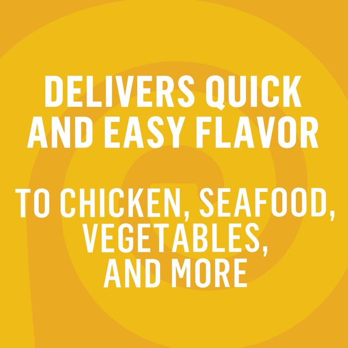 ['White text on a yellow background reads, Delivers quick and easy flavor to chicken, seafood, vegetables, and more.']