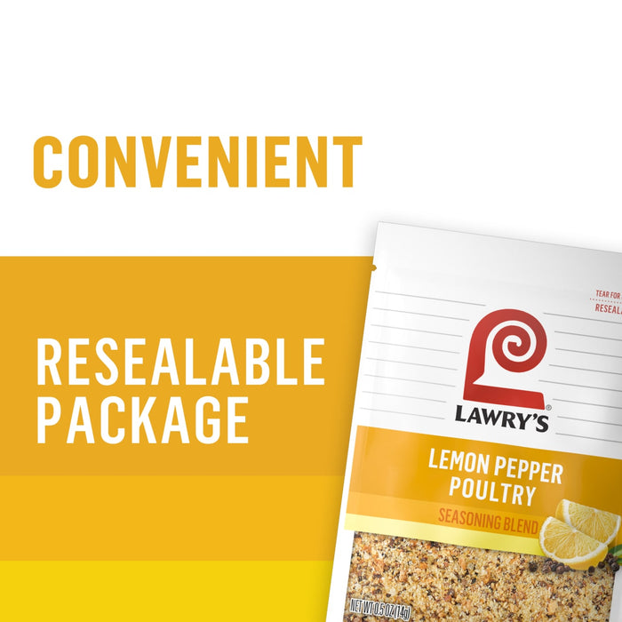 ["A Lawry's Lemon Pepper Poultry Seasoning Blend package with a resealable opening."]
