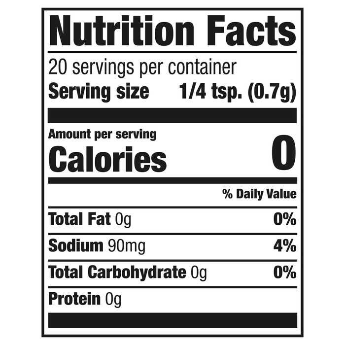['Nutrition facts label for a product with 0 calories per serving.']