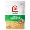 ["A Lawry's Garlic Mashed Potato Seasoning Blend packet with a close-up of the seasoning and garlic cloves."]