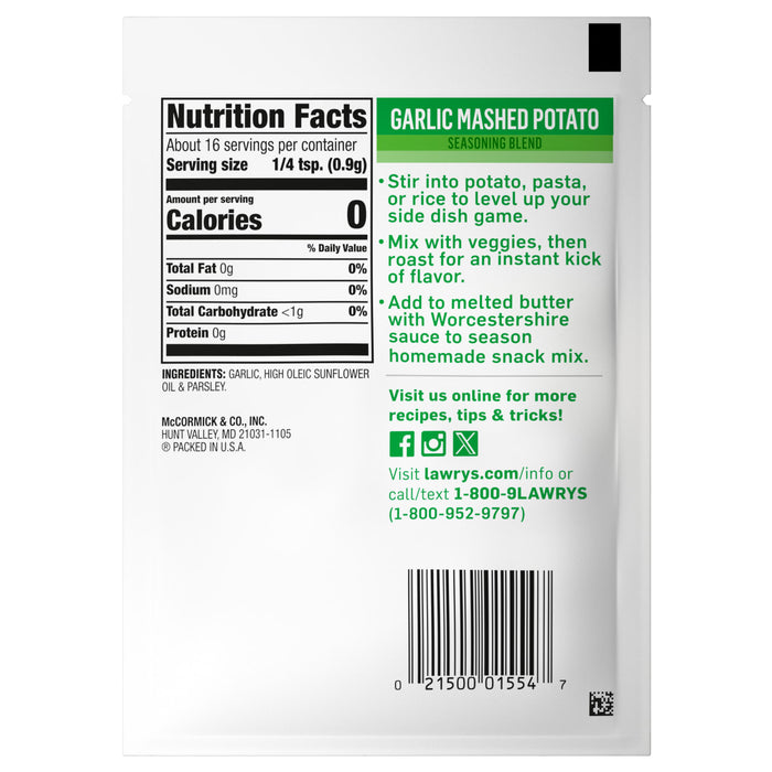 ["Lawry's Garlic Mashed Potato Seasoning Blend nutrition facts and information."]
