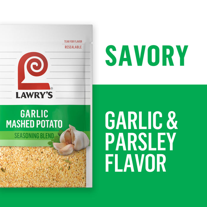 ["A Lawry's seasoning packet for garlic mashed potatoes with a garlic and parsley flavor."]