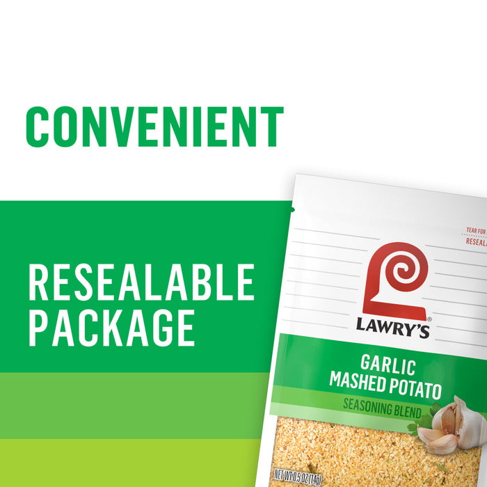 ["A Lawry's Garlic Mashed Potato Seasoning Blend package with a resealable opening."]