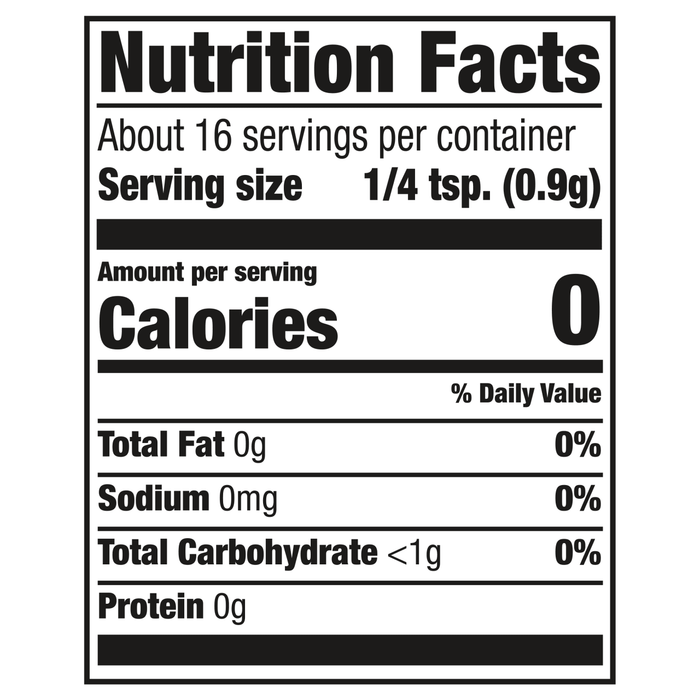['Nutrition facts label for a product with 0 calories per serving.']