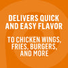 A graphic with an orange background and white text that says Delivers quick and easy flavor to chicken wings fries burgers and more.