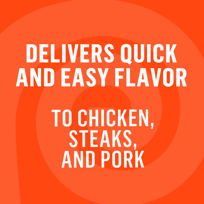 White text on an orange background with a swirl pattern reads Delivers quick and easy flavor to chicken steaks and pork.
