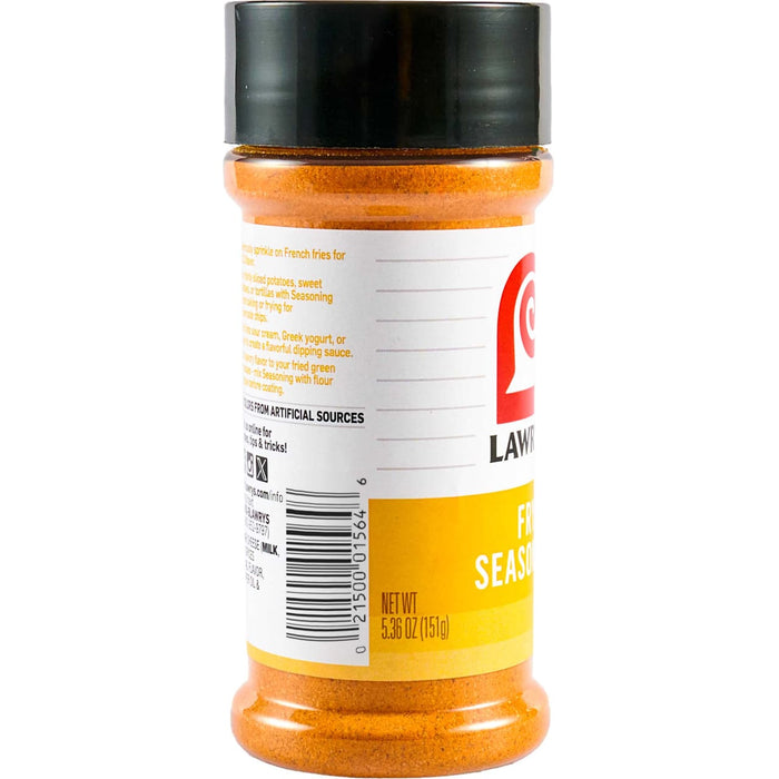 A bottle of Lawrys Fry Seasoning is shown highlighting its use on french fries potatoes and tortillas.