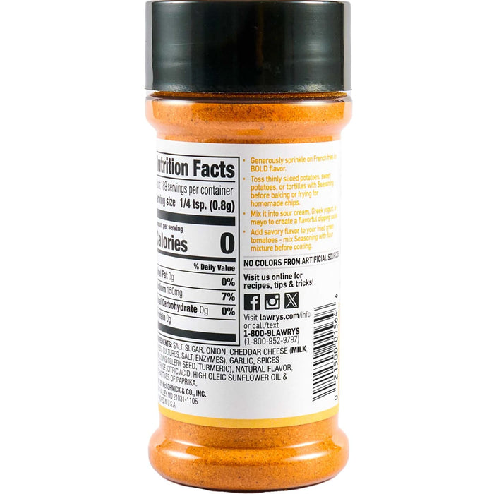 A jar of Lawry's seasoning with nutrition facts and usage suggestions on the label.
