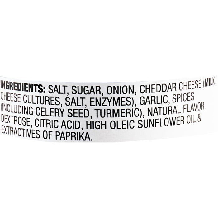 The image shows the ingredient list for a food product including salt sugar onion cheddar cheese and spices.