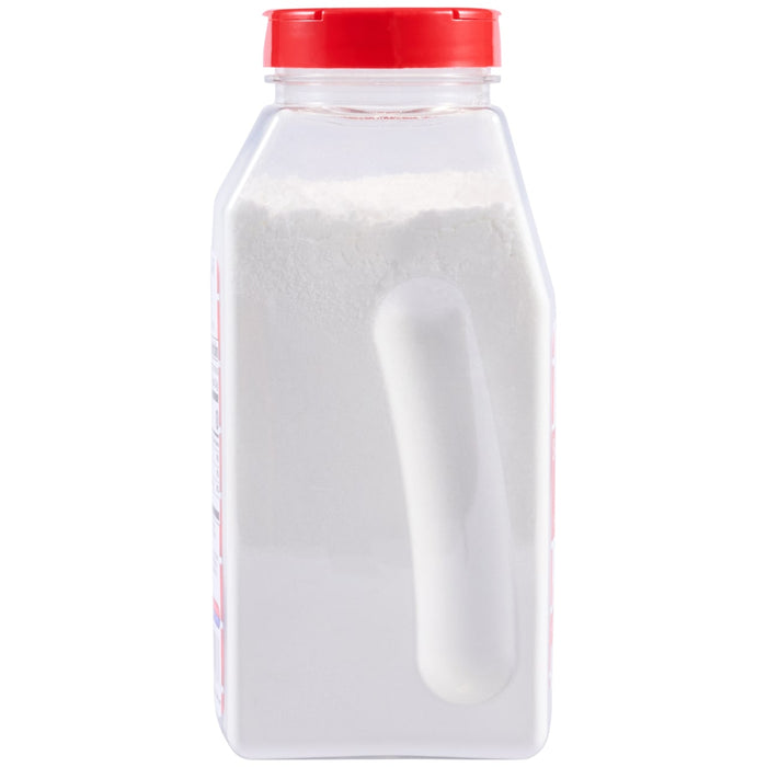 A clear plastic container of Lawry'S Salt &amp; Vinegar Seasoning 20 Oz with a red flip-top lid and an integrated handle, filled with white powder.