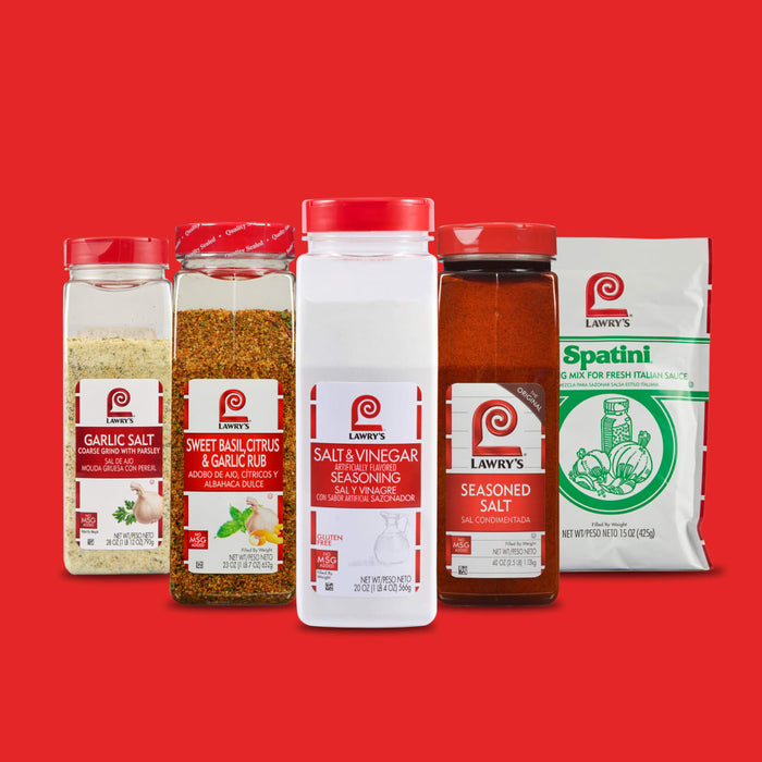 A collection of Lawry's seasonings, including Garlic Salt, Seasoned Salt, and Spatini mix, features a bottle of Lawry'S Seasoning Salt &amp; Vinegar, 20 Oz, in the center against a red background.