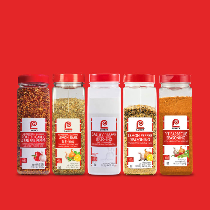 A bottle of Lawry'S Seasoning Salt &amp; Vinegar, 20 Oz, is featured in a product lineup with four other Lawry's seasonings against a red background.