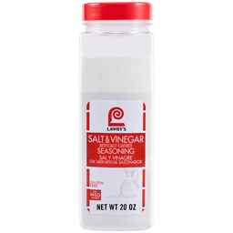 A front-facing view of a clear plastic shaker containing Lawry'S Seasoning Salt &amp; Vinegar, 20 Oz, set against a black background.