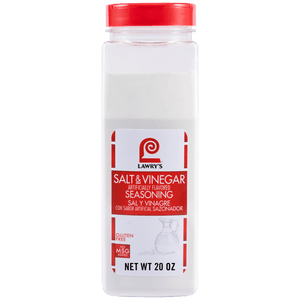 A front-facing view of a clear plastic shaker containing Lawry'S Seasoning Salt &amp; Vinegar, 20 Oz, set against a black background.