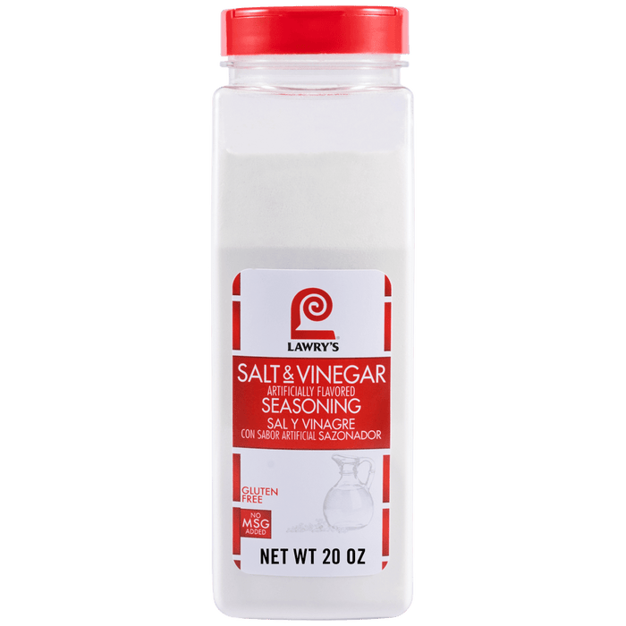 A front-facing view of a clear plastic shaker containing Lawry'S Seasoning Salt &amp; Vinegar, 20 Oz, set against a black background.