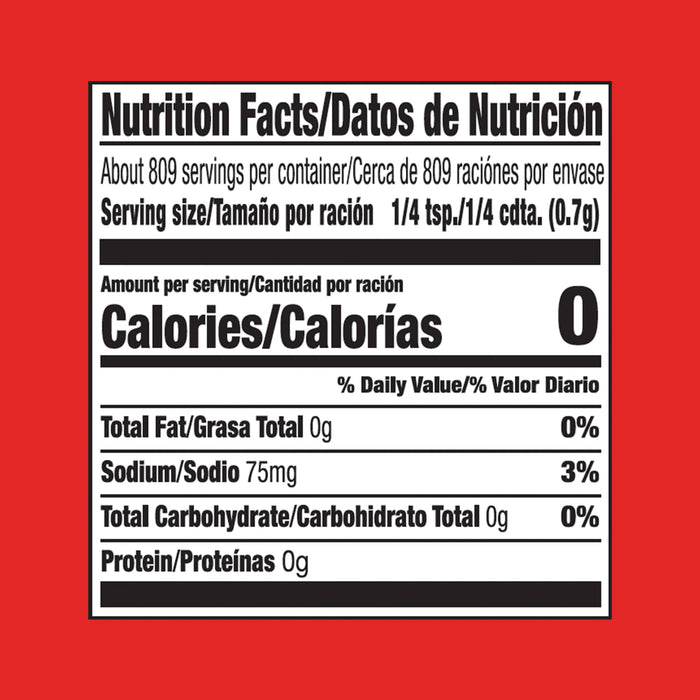 The bilingual nutrition facts label for Lawry'S Seasoning Salt &amp; Vinegar, 20 Oz, shows that a 0.7g serving contains 0 calories and 75mg of sodium.