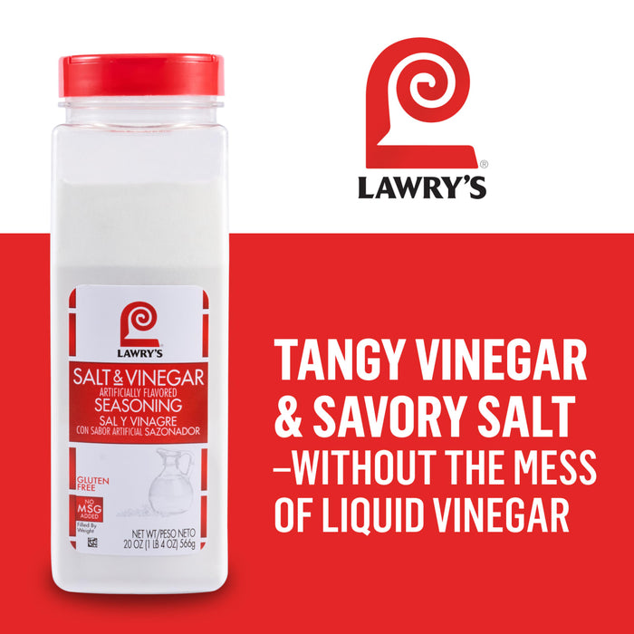 A promotional image for Lawry'S Seasoning Salt &amp; Vinegar, 20 Oz, shows the shaker bottle next to text reading, Tangy Vinegar &amp; Savory Salt - Without the mess of liquid vinegar.