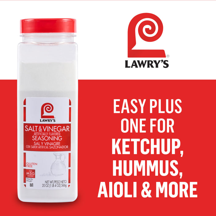 A bottle of Lawry'S Seasoning Salt &amp; Vinegar, 20 Oz is displayed as an easy way to plus up ketchup, hummus, aioli, and more.