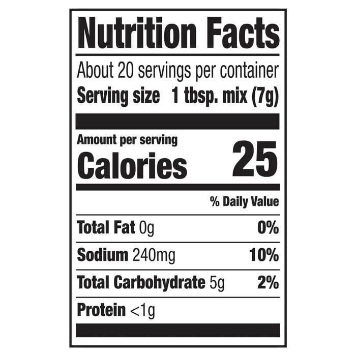 This is a nutrition facts label showing that one tablespoon of the mix contains 25 calories, 0g of total fat, 240mg of sodium, 5g of total carbohydrates, and less than 1g of protein.