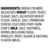 The image shows the ingredient list for a food product, which includes bread crumbs, bleached wheat flour, parmesan cheese, herbs, whey, sugar, and natural flavor.