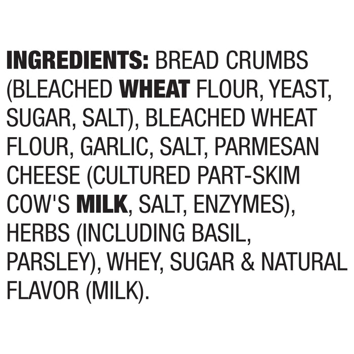 The image shows the ingredient list for a food product, which includes bread crumbs, bleached wheat flour, parmesan cheese, herbs, whey, sugar, and natural flavor.