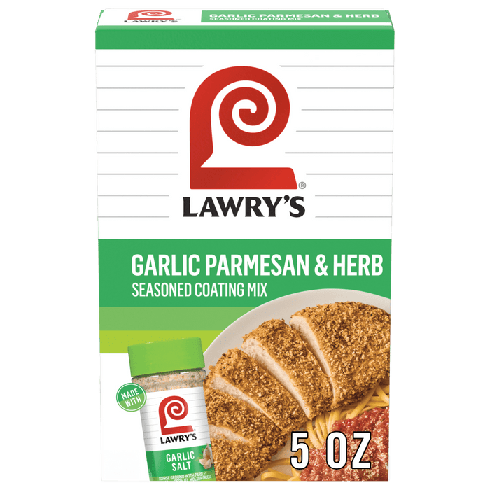 Lawry's Garlic Parmesan &amp; Herb Seasoned Coating Mix package, showcasing the product and a prepared dish.