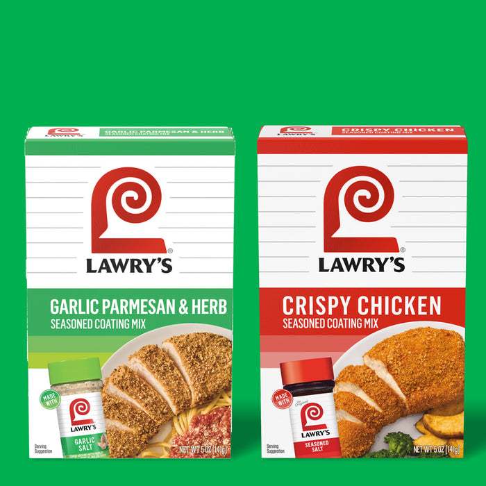 Two boxes of Lawry's seasoning mixes, Garlic Parmesan &amp; Herb and Crispy Chicken, are displayed against a green background.