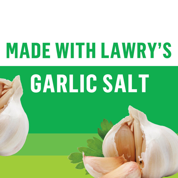 The image promotes a product made with Lawry's Garlic Salt, featuring garlic cloves and parsley.