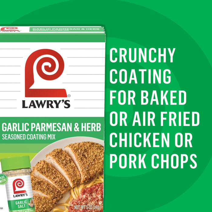 Lawry's Garlic Parmesan and Herb Seasoned Coating Mix is a crunchy coating for baked or air fried chicken or pork chops.