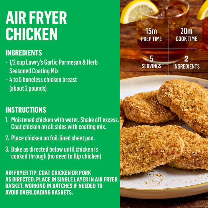 Recipe card for air fryer chicken with ingredients and instructions.