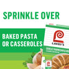 A promotional image for Lawry's Garlic Parmesan &amp; Herbs Seasoning Mix, suggesting it as a topping for baked pasta or casseroles.