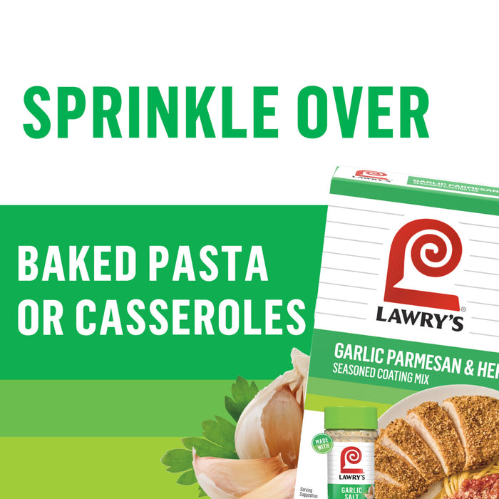 A promotional image for Lawry's Garlic Parmesan &amp; Herbs Seasoning Mix, suggesting it as a topping for baked pasta or casseroles.