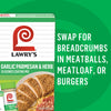 Lawry's Garlic Parmesan &amp; Herb Seasoned Coating Mix is shown with text suggesting it as a substitute for breadcrumbs in meatballs, meatloaf, or burgers.