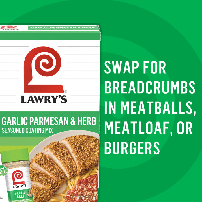 Lawry's Garlic Parmesan &amp; Herb Seasoned Coating Mix is shown with text suggesting it as a substitute for breadcrumbs in meatballs, meatloaf, or burgers.