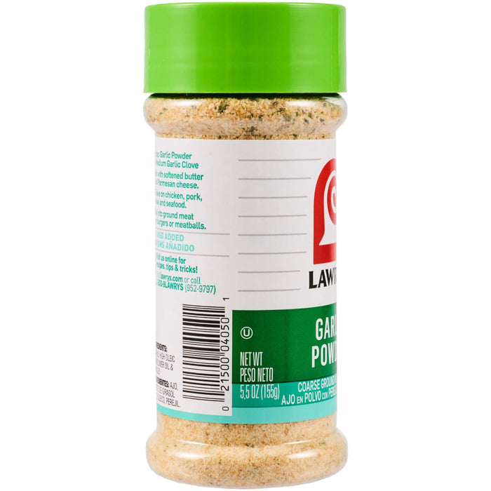 A container of Lawry's Garlic Powder seasoning with a green lid.