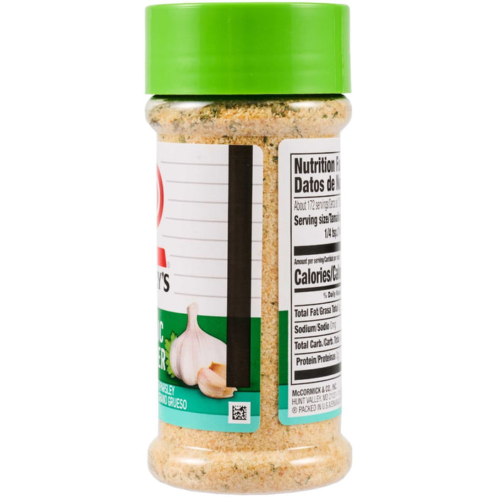A container of McCormick Garlic Herb Seasoning is shown, highlighting the product's packaging and branding.