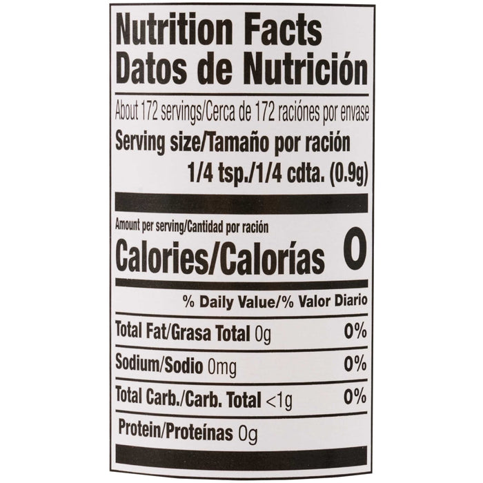 Nutrition facts label showing that a 1/4 teaspoon serving contains 0 calories, 0% of daily value of total fat and sodium, less than 1g of total carbohydrates, and 0g of protein.