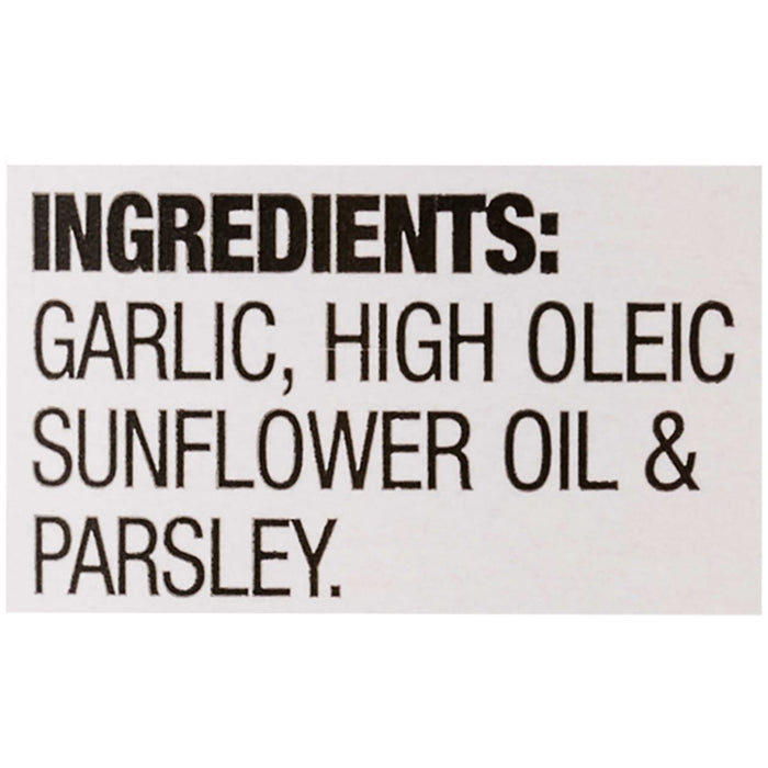 The image shows the ingredient list: garlic, high oleic sunflower oil, and parsley.