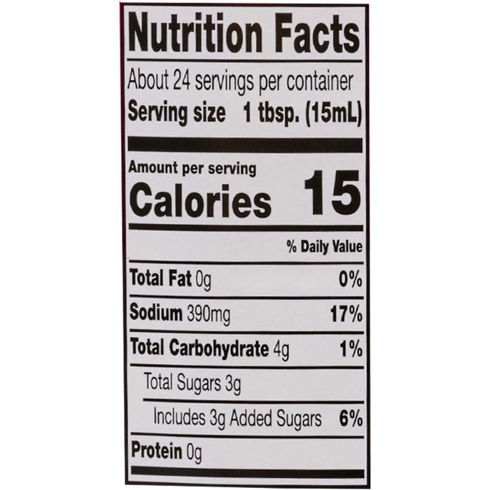 This is a nutrition facts label showing that one tablespoon serving contains 15 calories, 500mg of sodium, and 4g of carbohydrates.