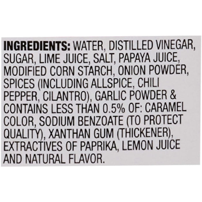 The image shows the ingredient list of a food product, including water, distilled vinegar, sugar, lime juice, salt, and spices.