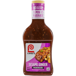 A bottle of Lawry's Sesame Ginger Marinade, a marinade made with mandarin orange juice.