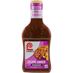 A bottle of Lawry's Sesame Ginger Marinade, a marinade made with mandarin orange juice.