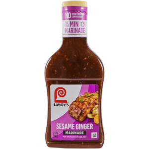 A bottle of Lawry's Sesame Ginger Marinade, a marinade made with mandarin orange juice.